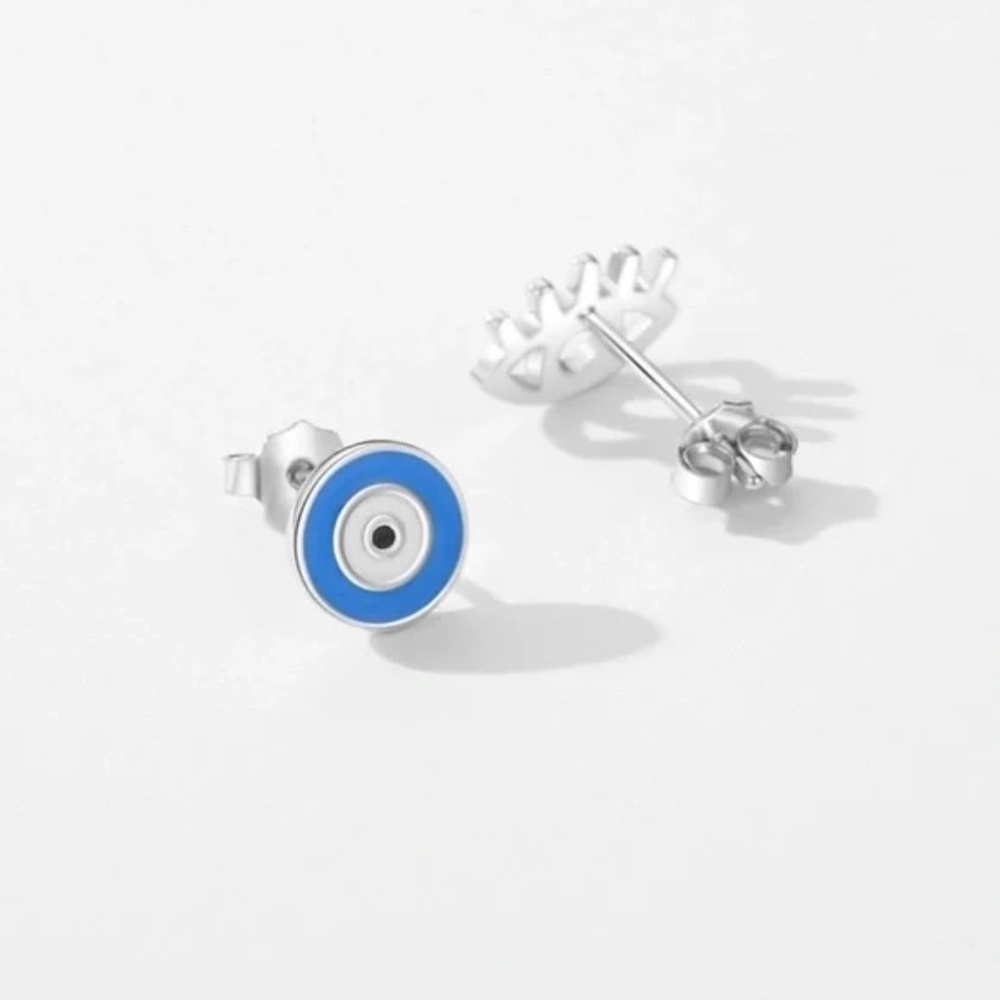 925 Sterling Silver Evil Eye Studs Earrings - Picture 3 of 10